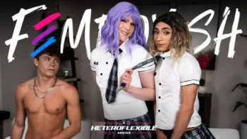 Schoolgirl Femboy Gets Spitroasted By Bestie And BF